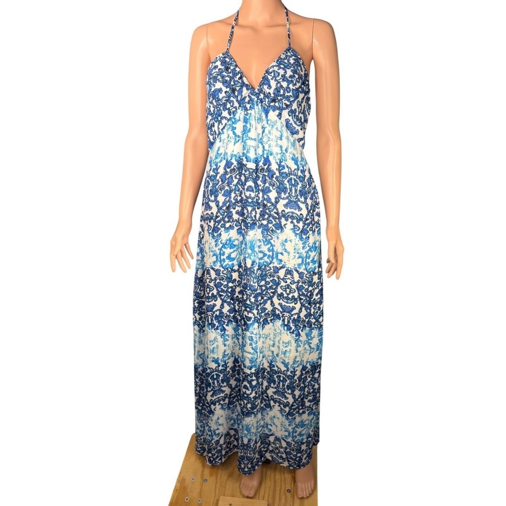 Molly Bracken Womens Blue White‎ Paisley Halter Backless Maxi Dress Size S NWT